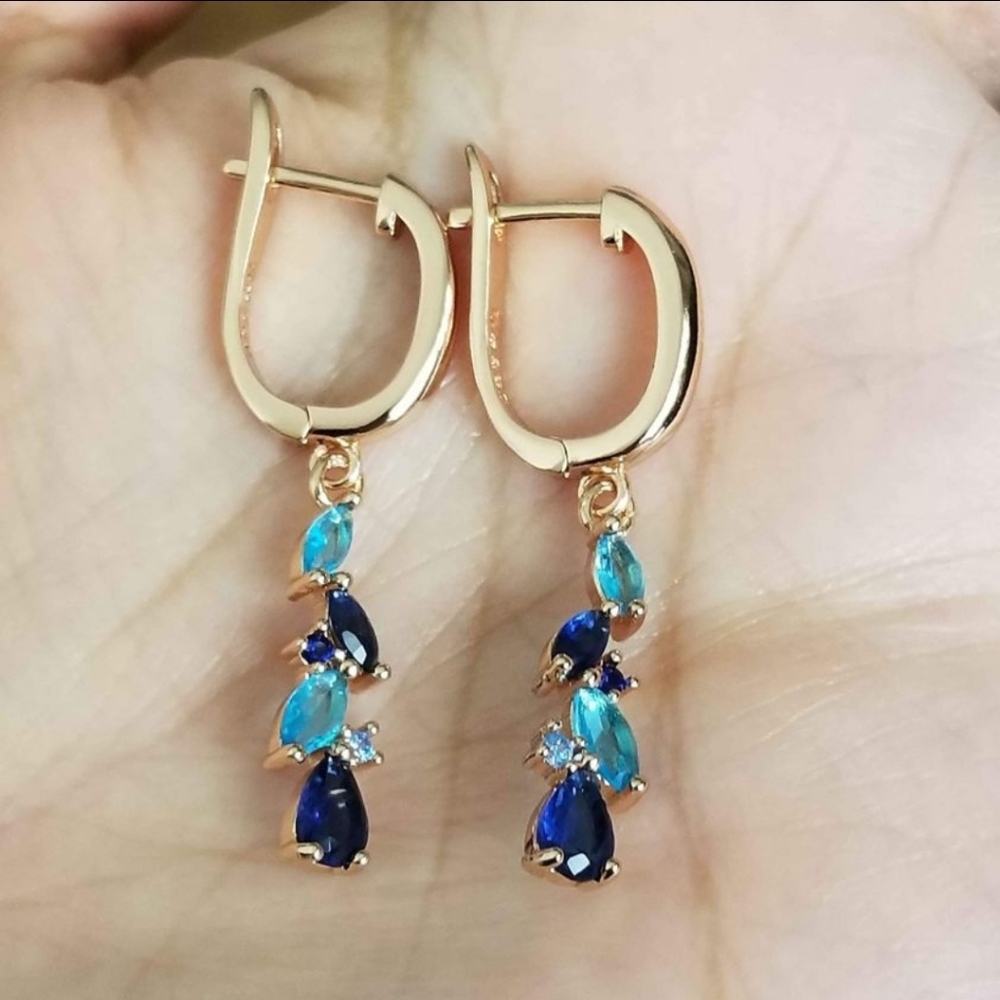 New 14K Gold Plated Blue Sapphire Aquamarine Dangle Drop Hoop Earrings for Women - Picture 2 of 6